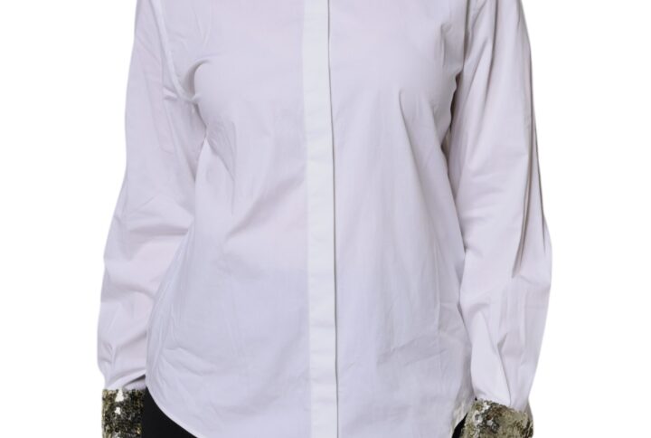 White Cotton Long Sleeves Sequin Shirt Top - Jag Couture London