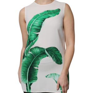 White Banana Leaf Print Round Neck Tank Top - Jag Couture London