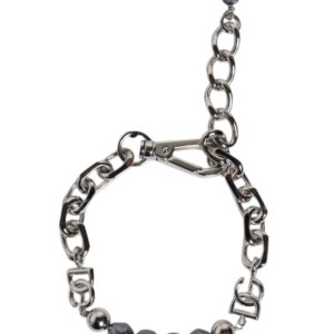 Silver Tone Chain Lobster Clasp Logo Gray Pearls Bracelet - Jag Couture London