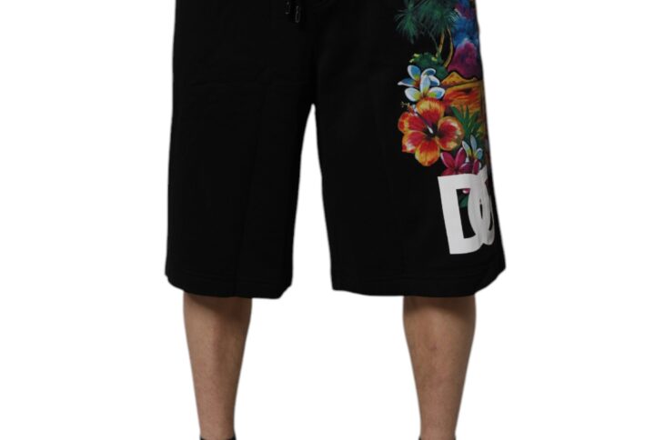 Black Cotton Logo Floral Print Bermuda Shorts - Jag Couture London