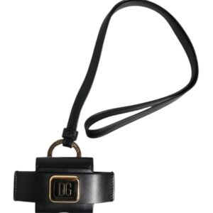 Black Leather Strap Gold Metal Logo Plaque Airpods Case - Jag Couture London