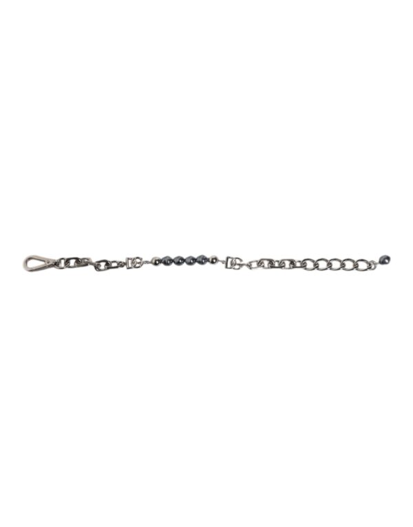 Silver Tone Chain Lobster Clasp Logo Gray Pearls Bracelet