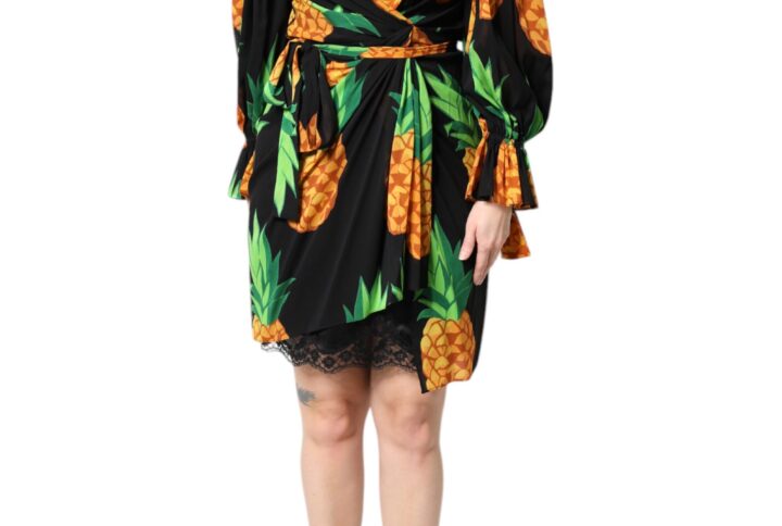 Black Silk Pineapple Draped Print Wrap Dress - Jag Couture London