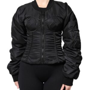 Black Nylon Full Zip Bustier Corset Jacket - Jag Couture London