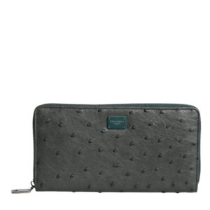 Green Ostrich Logo Plaque Zip Around Continental Wallet - Jag Couture London