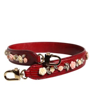 Red Leather Floral Embellish Bag Shoulder Strap - Jag Couture London