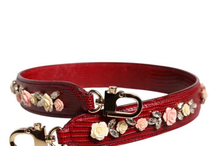 Red Leather Floral Embellish Bag Shoulder Strap - Jag Couture London