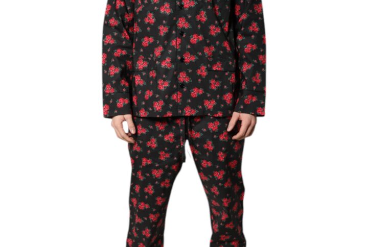 Black Floral Print Cotton Men Pajama Set Sleepwear - Jag Couture London