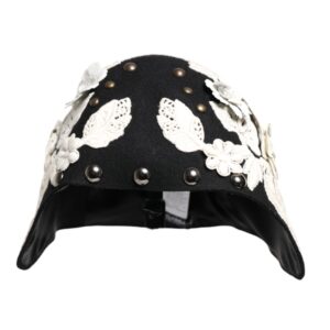 Black Wool White Floral Gold Leaf Cloche Hat - Jag Couture London