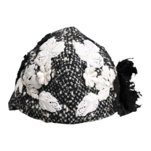 Black Wool White Floral Embellished Cloche Hat - Jag Couture London