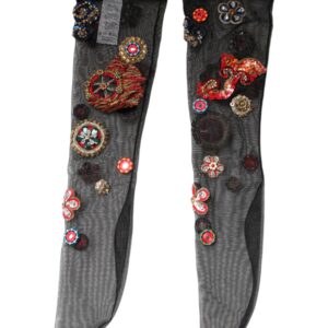 Black Stretch Carretto Crystal Stockings Socks - Jag Couture London