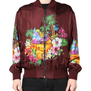 Maroon Floral Print Full Zip Bomber Jacket