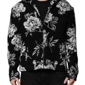 Black Wool Floral Printed Men Hooded Jacket