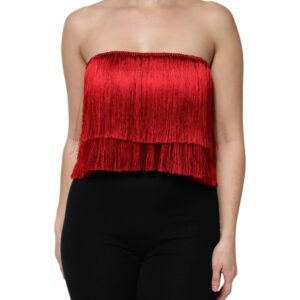 Red Silk Strapless Fringe Crop Tube Top