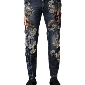 Blue Cotton Rhinestone Embellish Denim Jeans