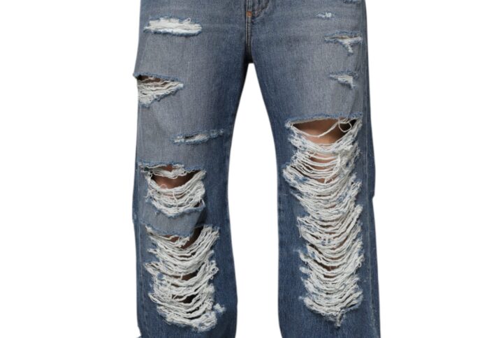 Blue Tattered Cotton Logo Plaque Denim Jeans