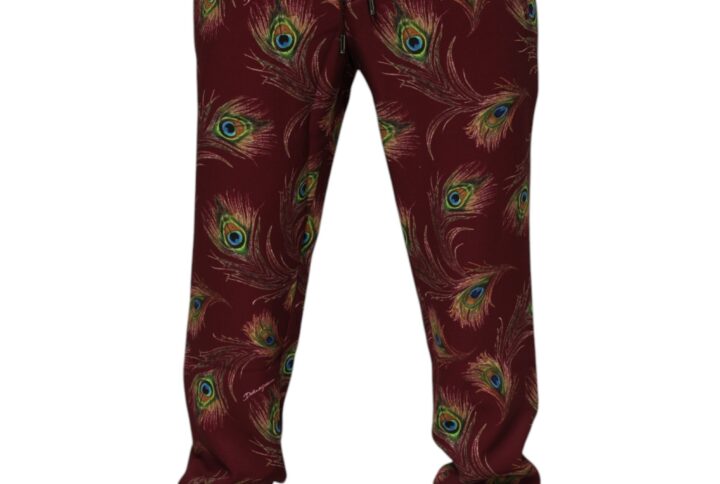 Burgundy Peacock Feather Print Jogger Pants