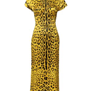 Yellow Polyester Leopard Midi Sheath Dress