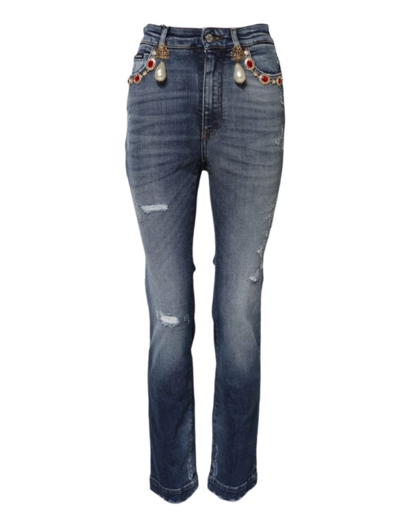 Blue Rhinestone Embellished Denim Jeans