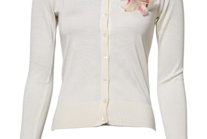 White Silk Lily Embellished Cardigan Sweater