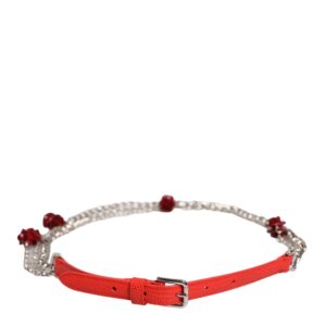 Red Leather Silver Chain Floral Cintura Belt