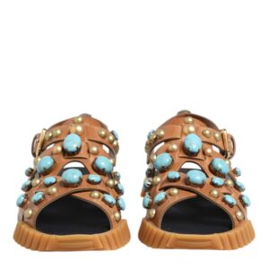 Brown Leather Studded Slides Sandals Shoes