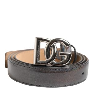 Metallic Leather Silver Tone Logo Buckle Belt