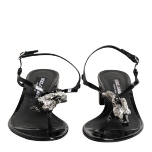 Black Leather Crystal Ankle Strap Sandals Shoes