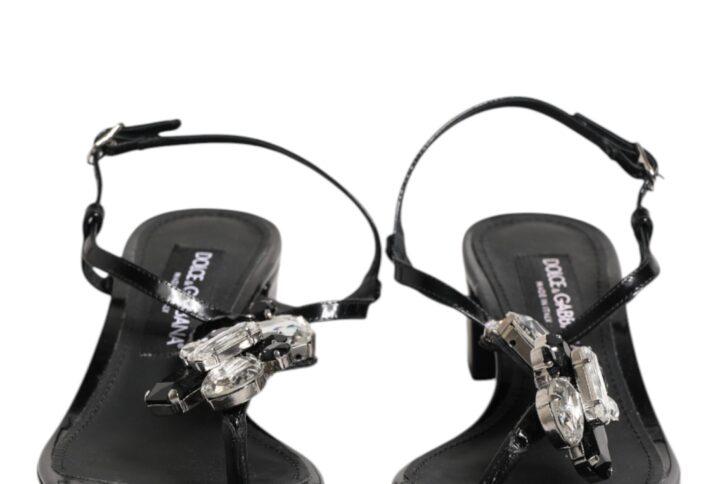 Black Leather Crystal Ankle Strap Sandals Shoes