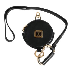 Black Round Leather DG Logo Coin Purse Lanyard Wallet