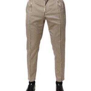 Beige Black Striped Cotton Slim Fit Trousers Pants