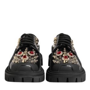 Black Leather Jeweled Crystals Derby Shoes