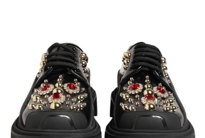 Black Leather Jeweled Crystals Derby Shoes
