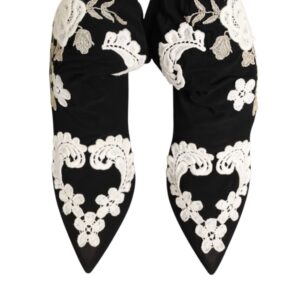 Black White Embroidered Jersey Stiletto Boots Shoes