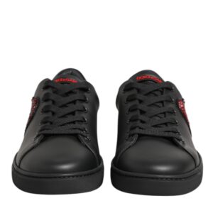 Black Leather Crystal Heart Low Top Sneakers Shoes