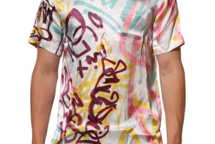 White Silk Hawaiian Graffiti Print Men Casual Shirt