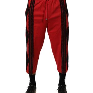 Red Embroidered Casual Cropped Trouser Pants
