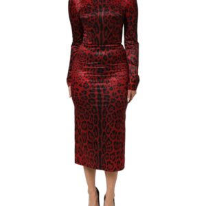 Red Leopard Sheath Long Sleeves Dress