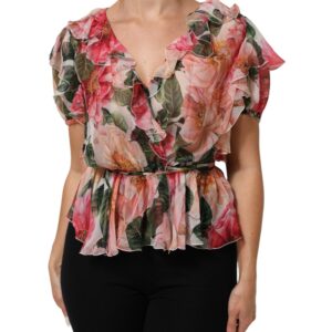 Pink Camellias Printed Silk V-neck Blouse Top