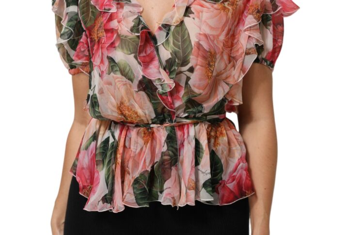 Pink Camellias Printed Silk V-neck Blouse Top
