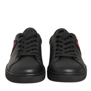 Black Leather Crystal Heart Sneakers Shoes