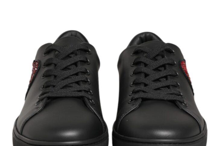 Black Leather Crystal Heart Sneakers  Shoes