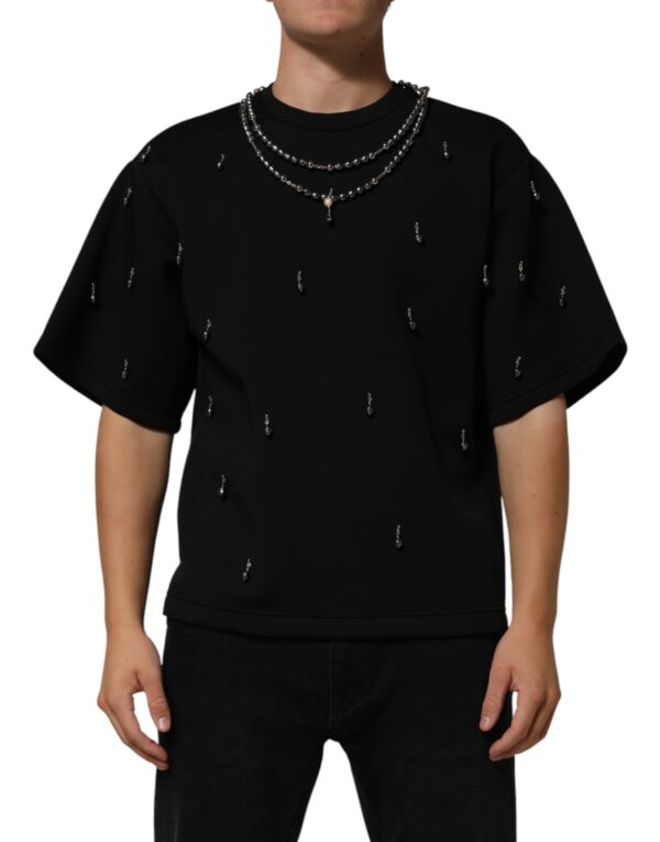 Black Polyester Necklace Embellished T-shirt