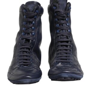 Dark Blue Deer Leather Mid Calf Boots Shoes