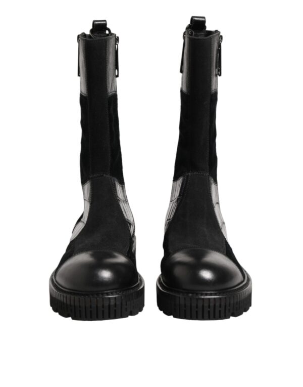 Black Patchwork Leather Mid Calf Boot  Shoes