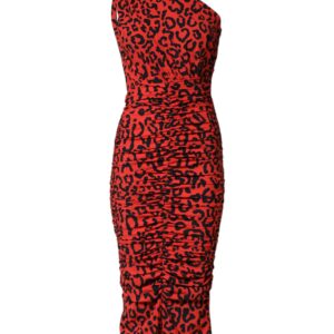 Red Leopard Print Nylon Sheath Midi Dress