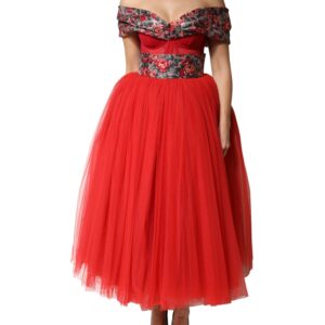 Red Floral Off Shoulder A-line Gown Dress