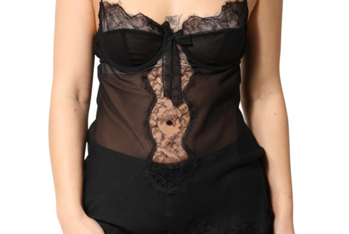 Black Silk Floral Lace Chemise Lingerie Top